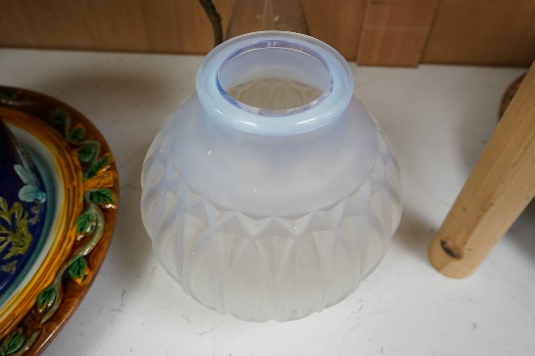 A glass decanter with bronzed metal mount, and a Sabino opaline glass vase, decanter 36cm high